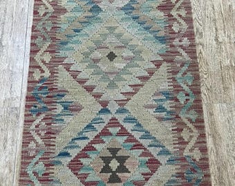 Handmade Afghan Kilim Runner Rug: Natural Wool, 195x60cm