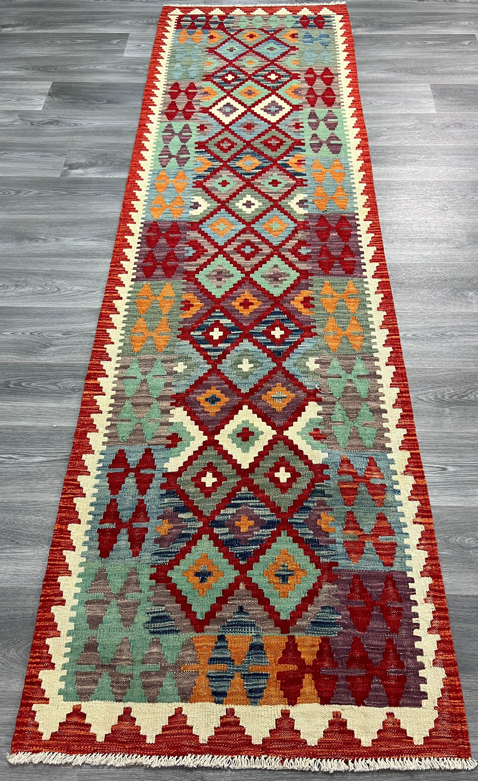 パキスタン製　ウールキリム　アフガンキリム ハンドメイドのアフガニスタンキリムランナーラグ、伝統的な幾何学模様