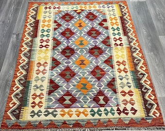 Handmade Afghan Kilim Rug, Natural Wool, Traditional Design 6x4 ft 180x126cm