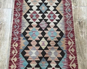 Handmade Afghan Kilim Runner Rug: Natural Wool, 192x58cm