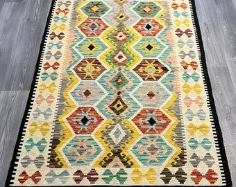 Handmade Afghan Kilim Rug: 6x4 ft, Natural Wool Colors 198x126cm