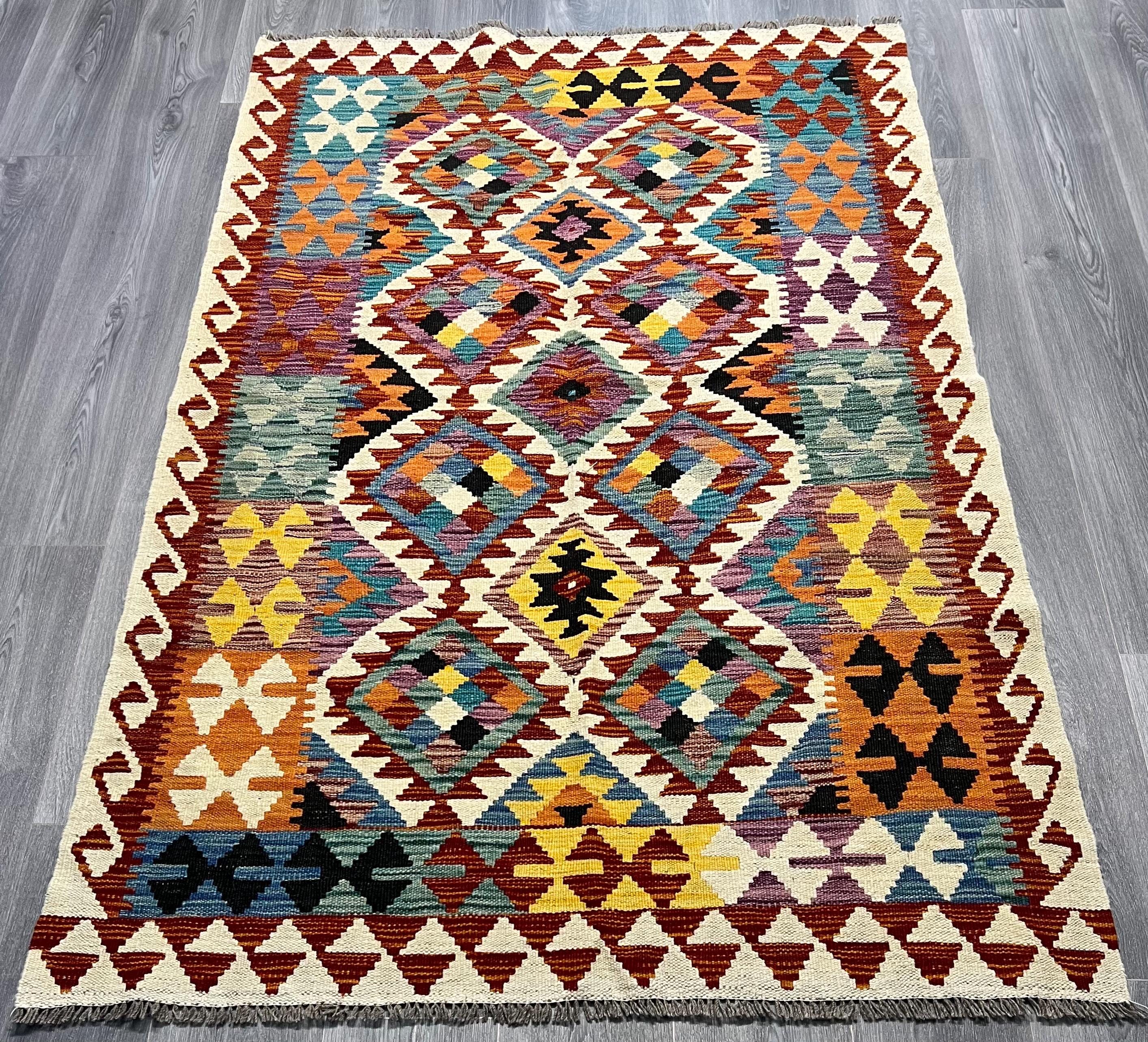 その他 Afghan Hodrang Kilim Handmade Afghan Kilim Rug, Natural Wool, Geometric Design (6x4 Ft