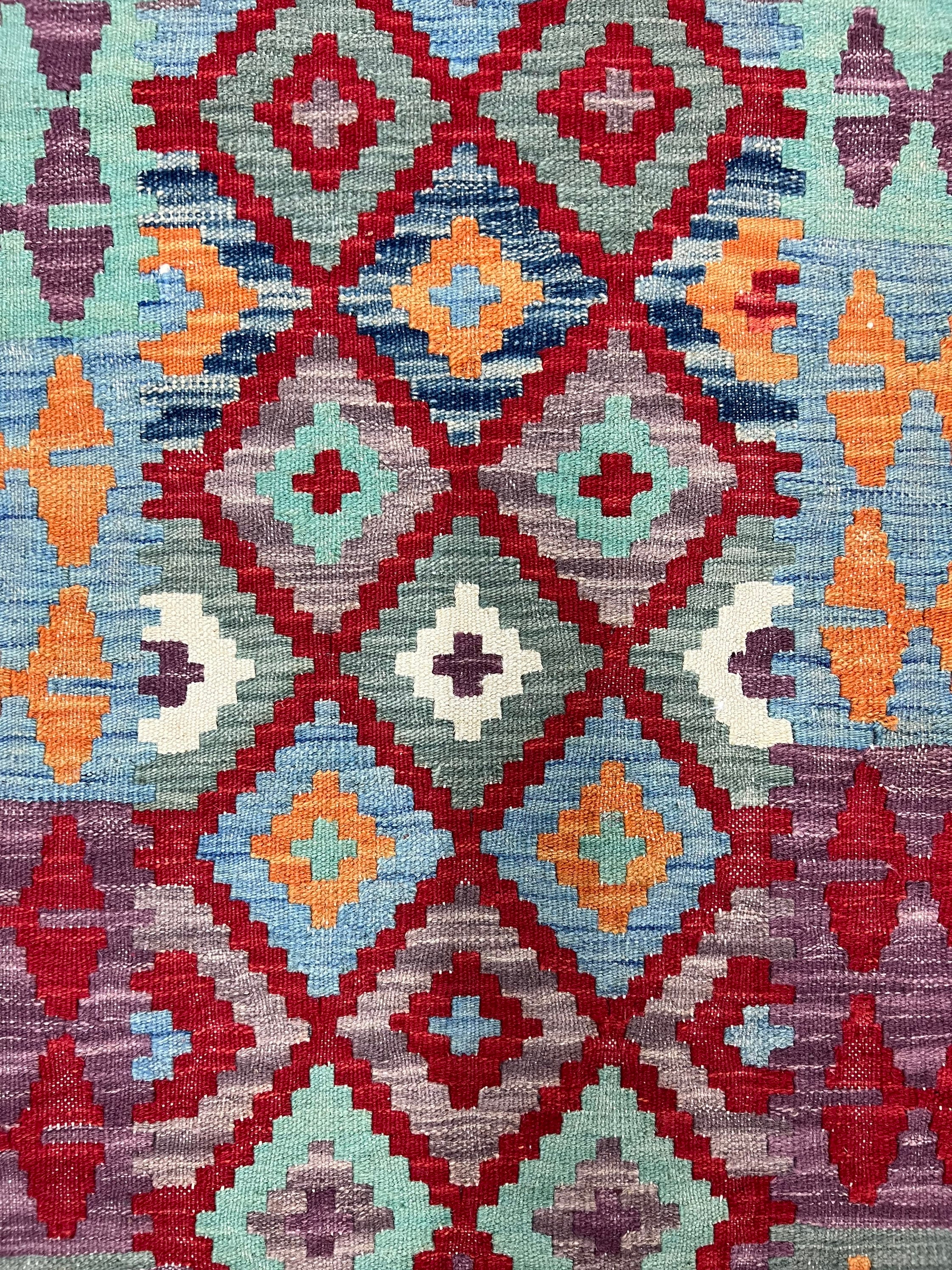 ハンドメイドのアフガニスタンキリムランナーラグ、伝統的な幾何学模様