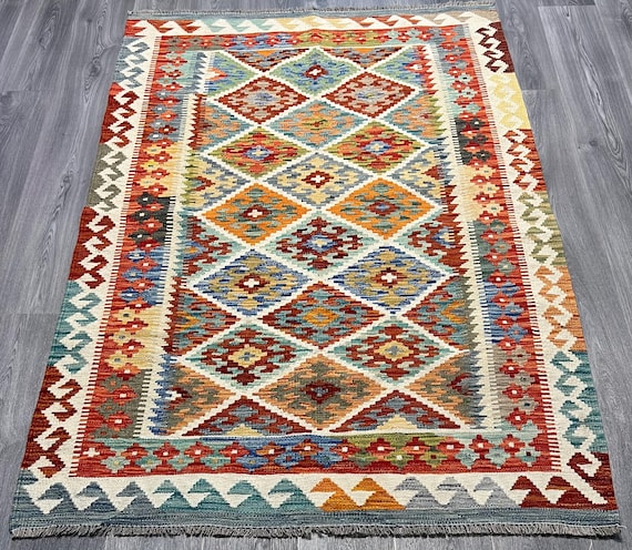Handmade Afghan Kilim Rug: Wool, Natural Colors, 6x4 Ft 190x130cm