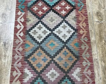 Handmade Afghan Kilim Runner Rug: Natural Wool, 193x59cm
