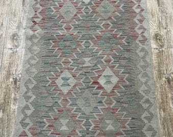 Handmade Afghan Kilim Runner Rug: Natural Wool, 203x68cm