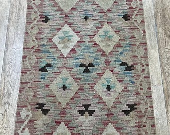 Handmade Afghan Kilim Runner Rug: Natural Wool, 205x63cm