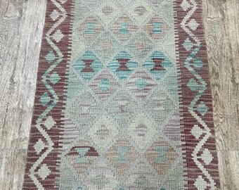 Handmade Afghan Kilim Runner Rug: Natural Wool, 202x60cm