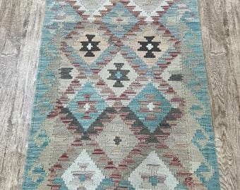 Handmade Afghan Kilim Runner Rug: Natural Wool, 194x60cm