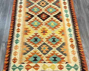 Handmade Kilim Area Rug wool natural colours Afghan Turkish Nomad Persian Traditional 155x101cm