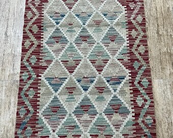 Handmade Afghan Kilim Runner Rug: Natural Wool, 199x63cm
