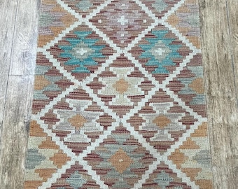 Handmade Afghan Kilim Runner Rug: Natural Wool, 196x58cm