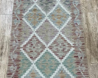 Handmade Afghan Kilim Runner Rug: Natural Wool, 190x61cm