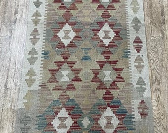 Handmade Afghan Kilim Runner Rug: Natural Wool, 200x61cm