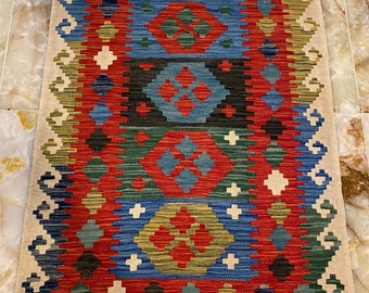 Handmade Kilim Area Rug wool natural colours Afghan Turkish Nomad Persian Traditional 145x98cm