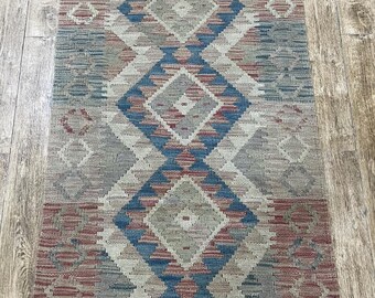 Handmade Afghan Kilim Runner Rug: Natural Wool, 204x61cm
