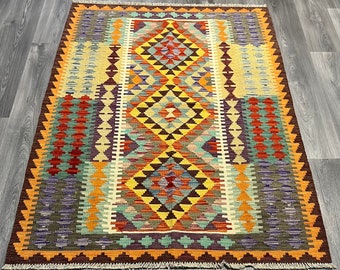 Handmade Afghan Kilim Rug, Natural Wool, 6x4 ft 181x128cm