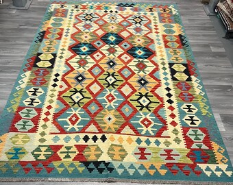 Handmade Afghan Kilim Rug, 7x10 ft, Natural Colors, Reversible Wool 297x202cm