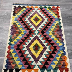 Handmade Kilim Area Rug wool natural colours Afghan Traditional 90x65cm