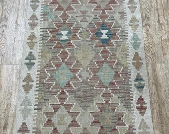 Handmade Afghan Kilim Runner Rug: Natural Wool,199x63cm