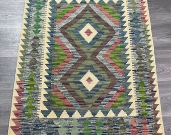 Handgemachter Vintage Afghanischer Kelim Teppich 122x85cm Naturfarben Kleiner Teppich Kinderteppich Schlafzimmer Teppich Eingang Teppich 100% Wolle