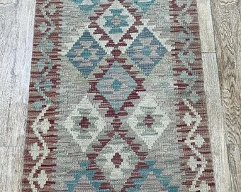 Handmade Afghan Kilim Runner Rug: Natural Wool, 201x56cm