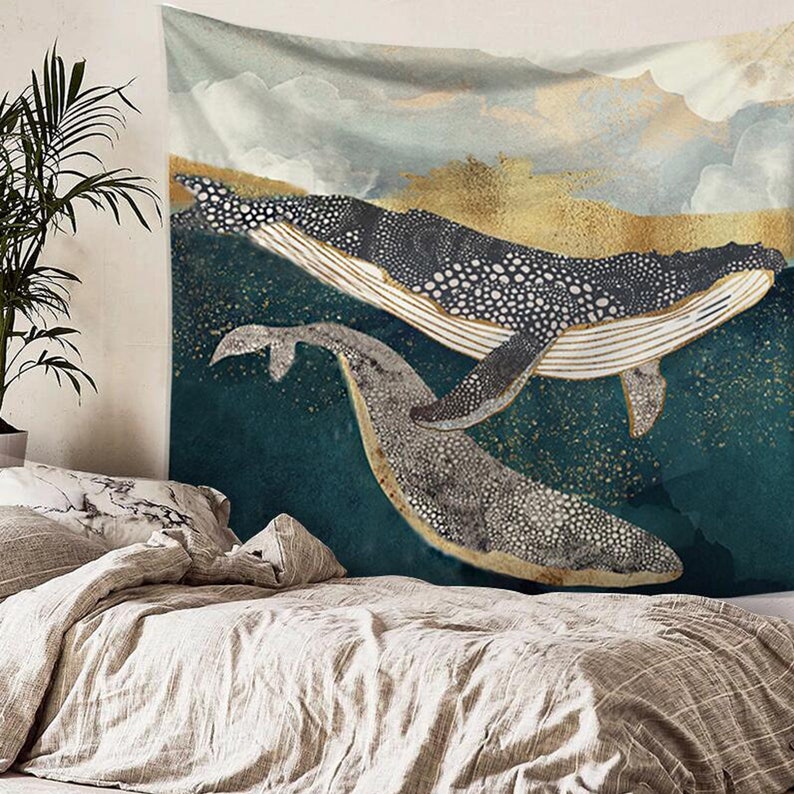 Whale Tapestry Marine Life Tapestry Undersea Tapestry Wall Etsy