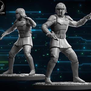May include: Two gray figurines of a soldier in a futuristic uniform, holding a weapon and a pistol. The figures are standing on circular bases. The Wardlade Studio logo is in the upper left corner.