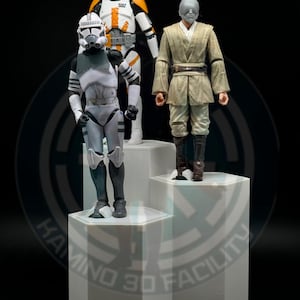 Può includere: Tre action figure in piedi su un espositore esagonale bianco. Le figure sono un clone trooper bianco e arancione, un clone trooper bianco e una figura con una tunica marrone e una maschera grigia.