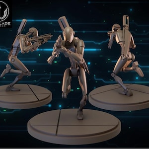 May include: Three metallic robot figurines in dynamic poses, each holding a weapon. They are positioned on circular platforms. The logo "WARLADE STUDIO" is visible in the upper left corner. The robots are in a running or action stance.