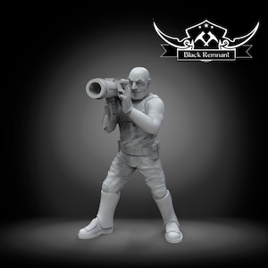 May include: A monochrome figurine of a person aiming a large cylindrical object. The figure is dressed in a sleeveless top, trousers, and boots. The Black Remnant logo is displayed in the top right corner.