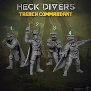 May include: Four grey miniature figurines labelled HECK DIVERS TRENCH COMMANDANT. Each figure wears a military-style uniform with a peaked cap, face mask, and cape. They are posed in various combat stances, holding rifles, pistols, or knives.