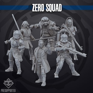 May include: A set of six grey miniature figures labelled ZERO SQUAD, including a helmeted warrior, a robed figure with a staff, a stout alien, a cloaked character, a figure in a long coat, and a soldier holding a rifle, all in a static pose.