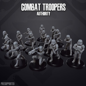 May include: A collection of twelve grey miniature soldier figurines in armor, each standing on a circular black base. The text COMBAT TROOPERS AUTHORITY is displayed at the top, and the word PRESUPPORTED is visible in the bottom left corner.