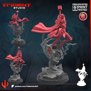 May include: A 3D-printed figurine of a female superhero in a dynamic pose, holding a hammer aloft. The figure is red, with a flowing cape and detailed armor. The base is gray, with a swirling, tornado-like design. The Trident Studio logo is in the top left.