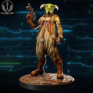 May include: A detailed figurine of an alien character with a green face, horns, and a brown and tan jumpsuit. The figure is holding a blaster gun and stands on a circular base. The Warlade Studio logo is in the upper left corner.