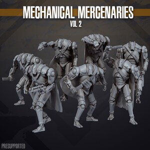 Può includere: Una collezione di sei statuette di robot meccanici grigi non dipinti in varie pose d'azione, ognuna con un mantello. L'immagine presenta il testo MECHANICAL MERCENARIES VOL 2 in alto e la parola PRESUPPORTED nell'angolo in basso a sinistra.