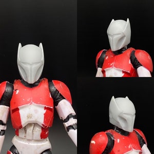 Peut inclure: Trois accessoires de casque imprimés en 3D pour figurines d'action. Les casques sont blancs et ont un design futuriste. Les casques sont présentés sur des figurines d'action avec une armure rouge et blanche.