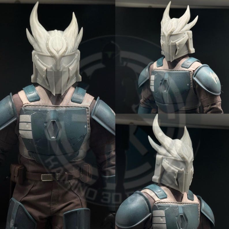 May include: A detailed action figure featuring a white helmet with a unique antler-like design. The figure is clad in blue and brown armor, with visible chest and shoulder plates. The image shows multiple views of the figure.