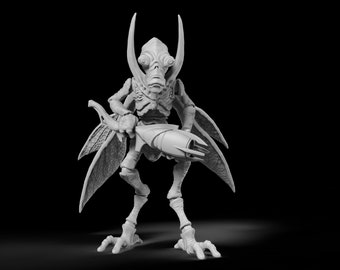 May include: A white, detailed, plastic figurine of a creature with large wings, long legs, and a long, thin weapon. The creature has a large head with large eyes and a long, thin snout.