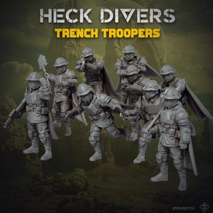 Op de afbeelding: Een set van acht grijze miniatuur soldaatfiguurtjes getiteld HECK DIVERS TRENCH TROOPERS. Elk figuur draagt een helm, tactisch pantser en een cape, in diverse houdingen met geweren, een schep of in een gevechtsklare positie.