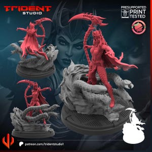 May include: A selection of red 3D-printed figurines of a female warrior with a scythe, cape, and armour, standing on a detailed grey base. The Trident Studio logo and "Presupported Print Tested" text are visible.