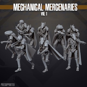 Puede incluir: Una colección de siete figuras robóticas en miniatura de color gris sin pintar tituladas Mechanical Mercenaries Vol 1. Cada figura presenta un diseño mecánico distinto, algunas llevan capas y sostienen varias armas futuristas.