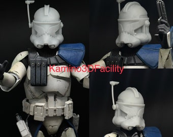 May include: A white plastic Star Wars clone trooper helmet with a blue and white chest plate and a black belt. The helmet has a small antenna on top.