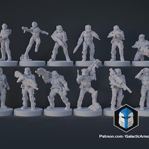 May include: A collection of twelve gray miniature soldier figurines in various action poses, each holding a weapon. The figures are on circular bases and appear to be part of a tabletop game or model set. The logo for "GalacticArmory" is visible.