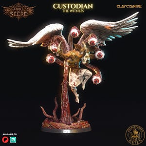 May include: A fantasy miniature figurine titled Custodian The Witness, featuring a central figure with a golden horned mask, multiple red-irised eyes on tentacles, and large white wings. The figure wears a blood-spattered white cloth over a base.