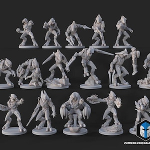 May include: A collection of gray miniature figurines of alien-like characters in various action poses. Some figures are holding weapons, while others are in dynamic stances. The figurines are on a dark background.