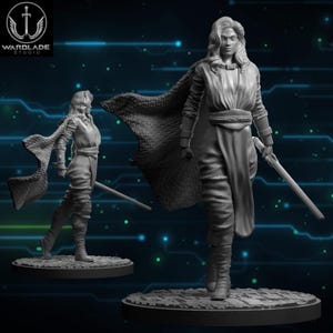 Puede incluir: Figura impresa en 3D en escala de grises de una guerrera, sosteniendo una espada. Lleva una capa larga y una t&uacute;nica con cintur&oacute;n. La figura est&aacute; sobre una base circular. El logotipo de Wardlade Studio est&aacute; en la esquina superior izquierda.