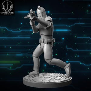 May include: A gray action figure of a soldier in a helmet and armor, holding a gun and running. The figure is on a round base with a textured surface. The Wardlade Studio logo is in the upper left corner.