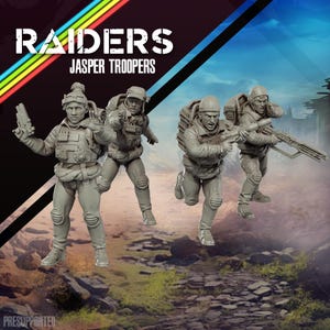 May include: Four gray miniature figures of soldiers in combat poses. The figures are wearing tactical gear and carrying weapons. The image includes the text "RAIDERS JASPER TROOPERS" with a rainbow stripe design.